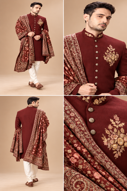 Regal Maroon Embroidered Achkan with Heritage Shawl