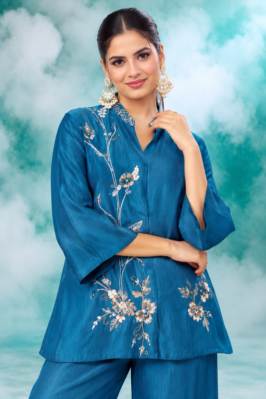 Teal Blue Floral Embroidered Co-Ord Set