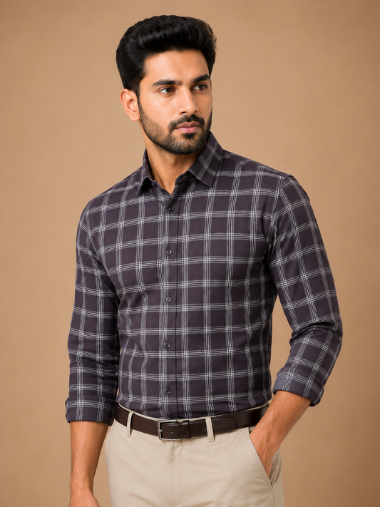 Men Charcoal Grey Windowpane Checked Formal Shirt