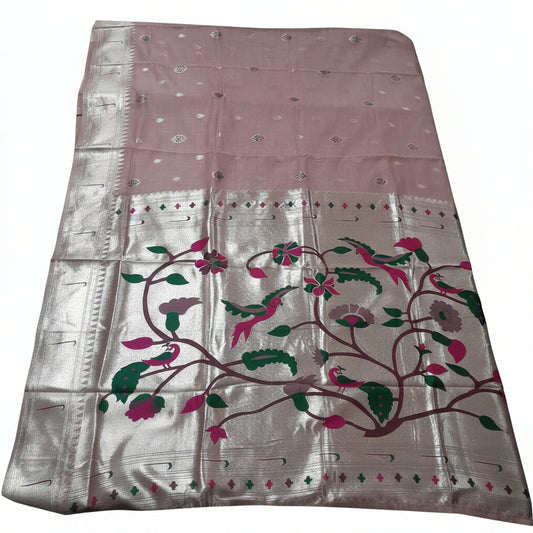 Women Dusty Rose Silver Zari Floral Designer Saree