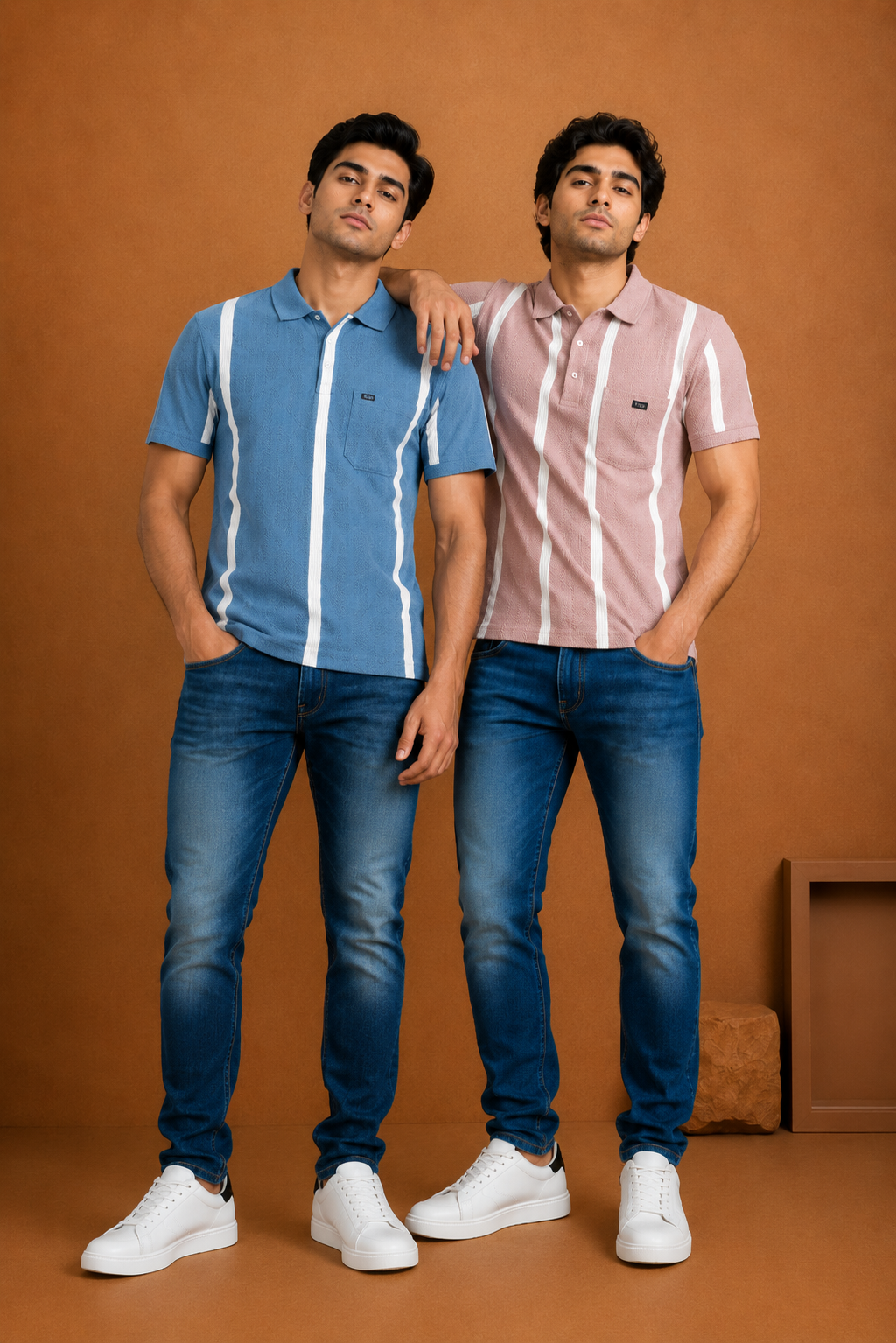 Men's Textured Polo T-Shirt with Vertical Stripe Detail