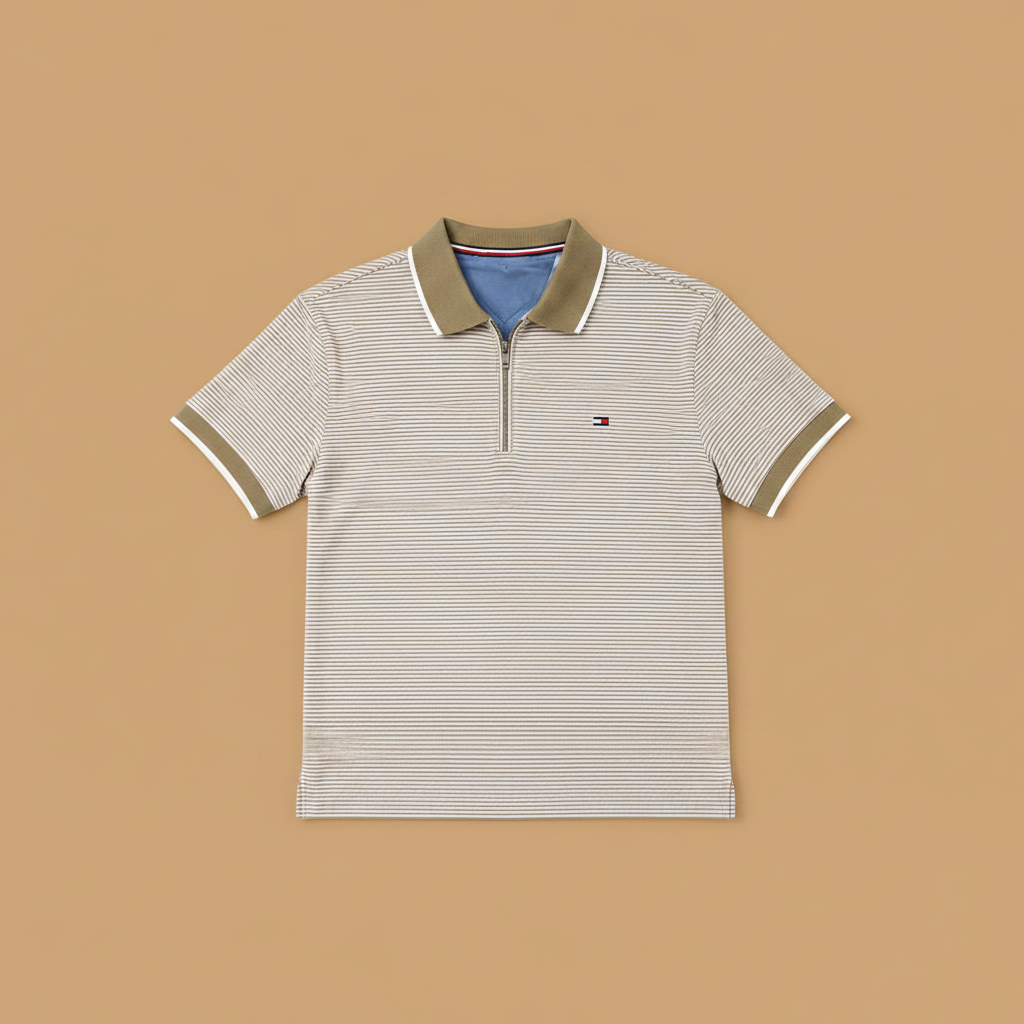Men's Striped Polo T-Shirt with Zip Neck