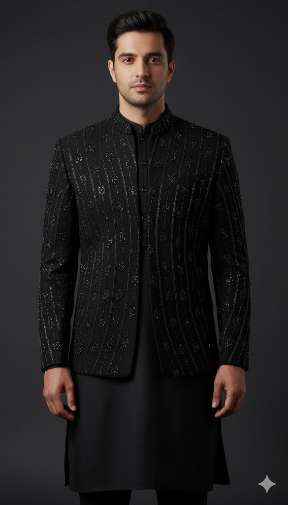 Premium Black Sequins Indo-Western for Groom