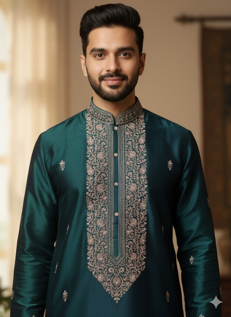 Royal Teal Green Embroidered Kurta Set