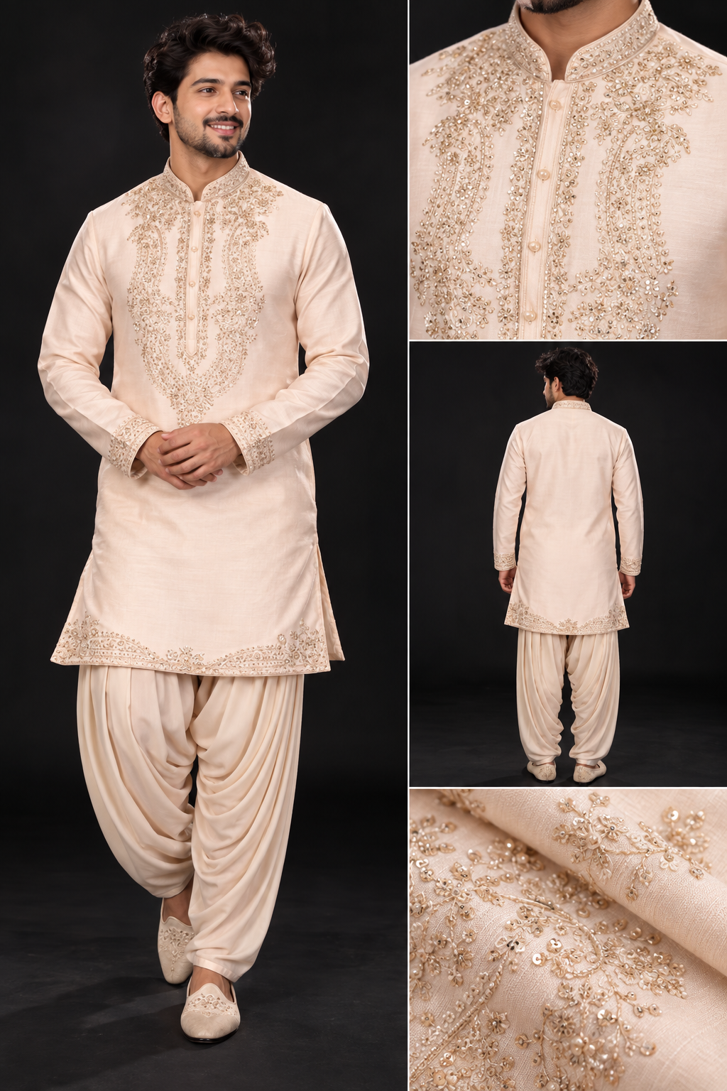 Ivory Gold Embroidered Kurta Dhoti Set