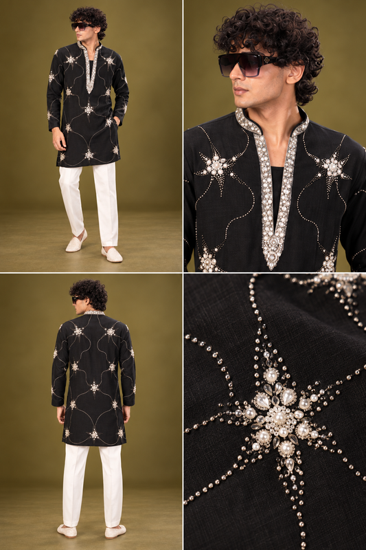 Black Crystal Embellished Festive Kurta Set