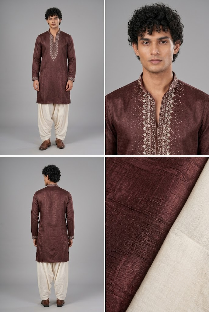 Wine Embroidered Kurta with Ivory Dhoti Pants