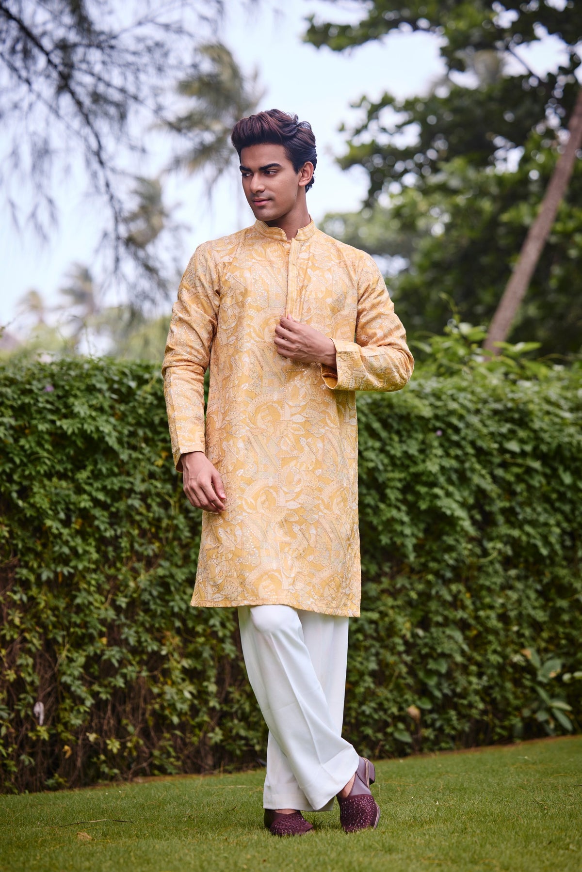 Mustard Gold Embroidered Festive Kurta