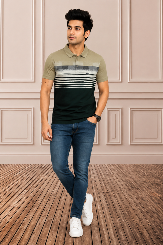 Men's Olive Green & Black Striped Polo T-Shirt