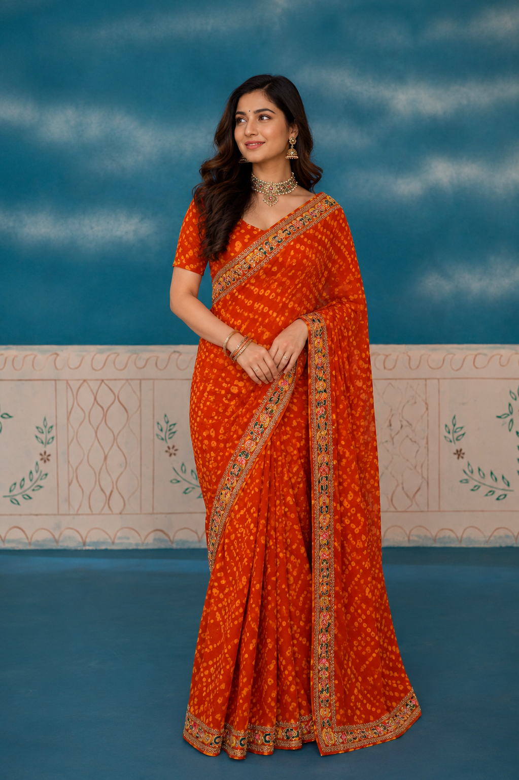 Radiant Orange Bandhani Printed Saree with Embroidered Border | Festive Ethnic Saree for Women