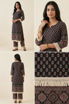 Black Printed Straight Kurta with Matching Pants & Fringe Border Detail