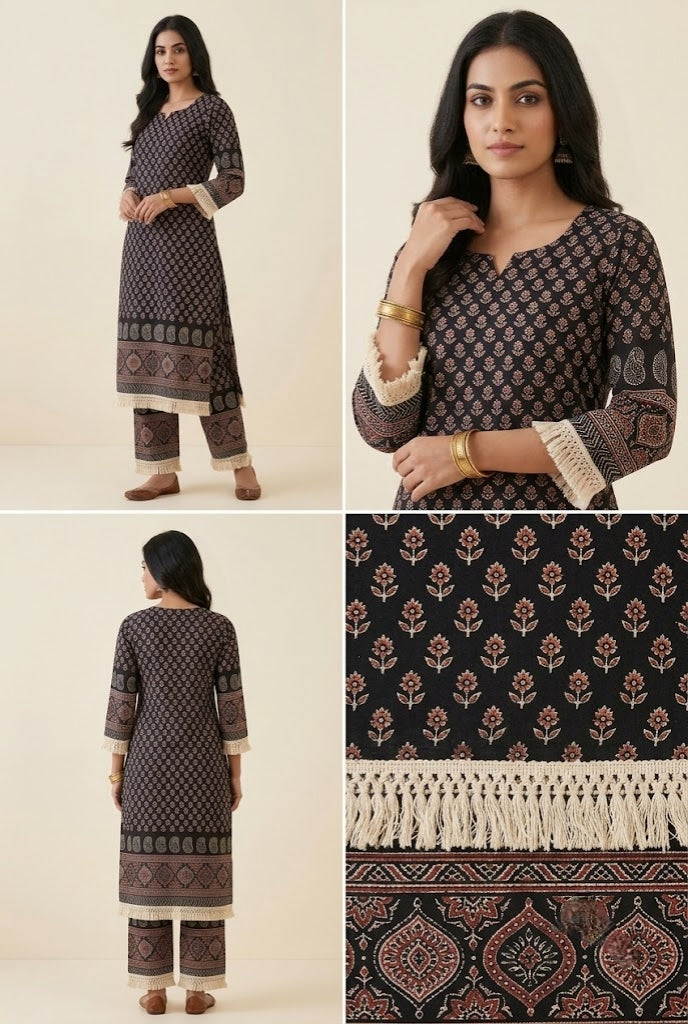 Black Printed Straight Kurta with Matching Pants & Fringe Border Detail