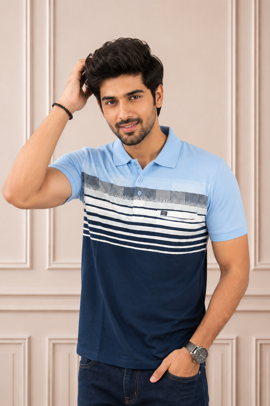 Men's Sky Blue Striped Polo T-Shirt