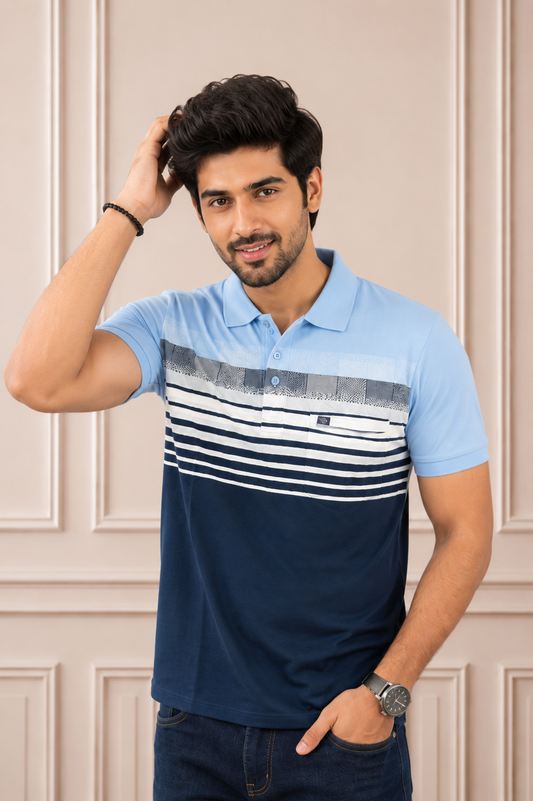 Men's Sky Blue Striped Polo T-Shirt