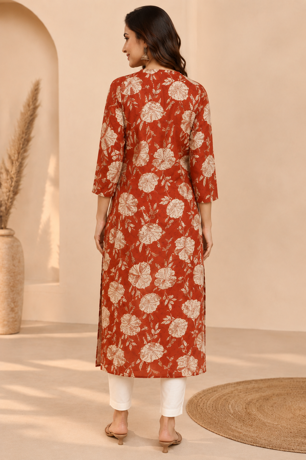 Rust Red Floral Long Kurti