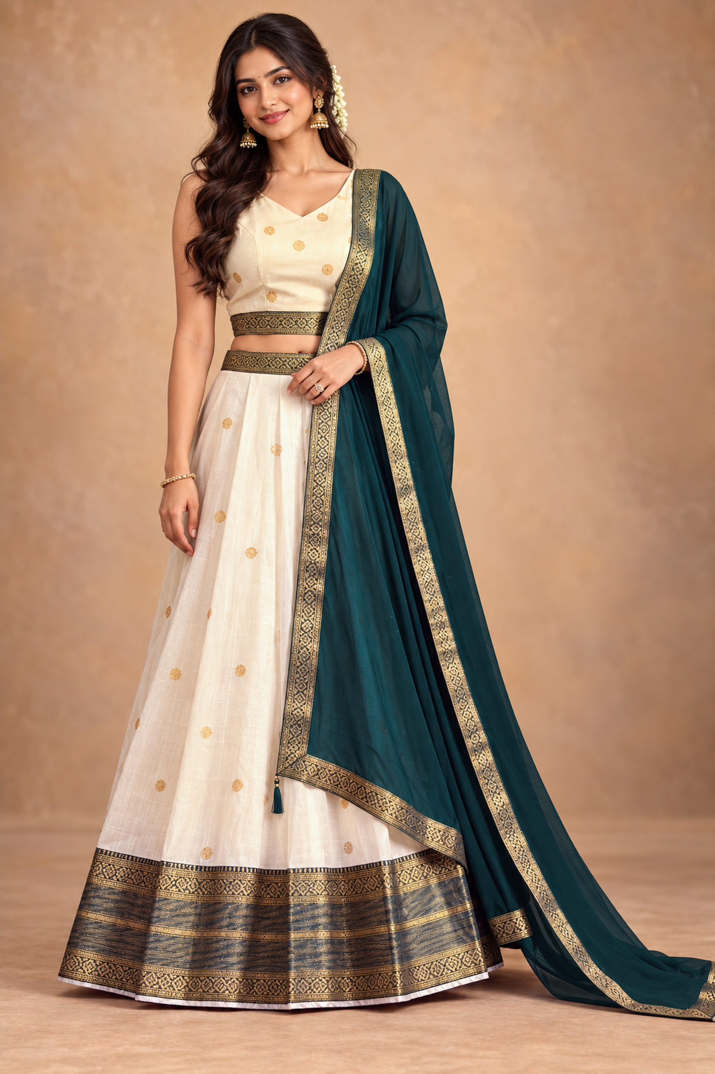 Elegant Ivory & Teal Green Lehenga Choli with Dupatta