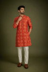 Crimson Red Printed Bandhani Silk Kurta Set for Men
