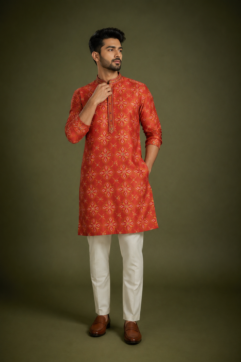 Crimson Red Printed Bandhani Silk Kurta Set for Men