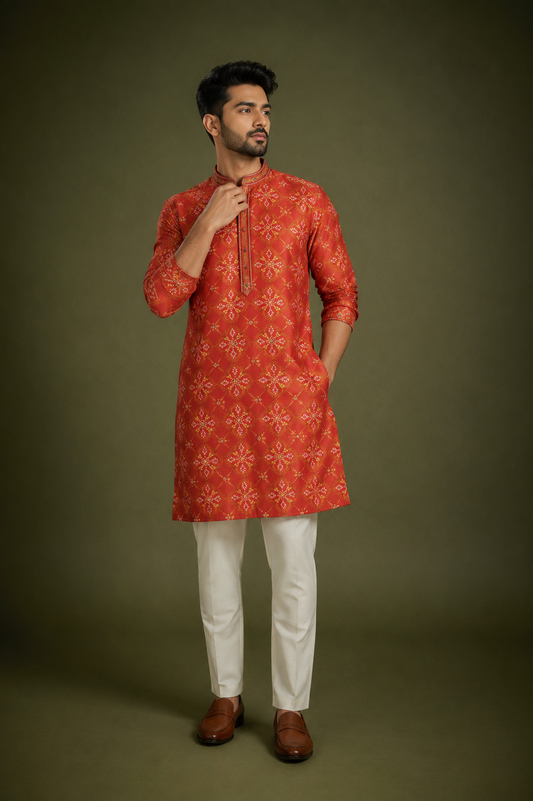 Crimson Red Printed Bandhani Silk Kurta Set for Men