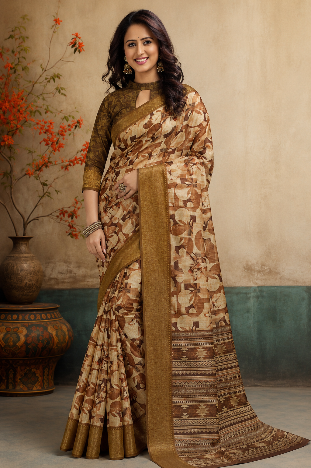 Elegant Brown &  Printed  Blend Saree with Rich Golden Zari Border