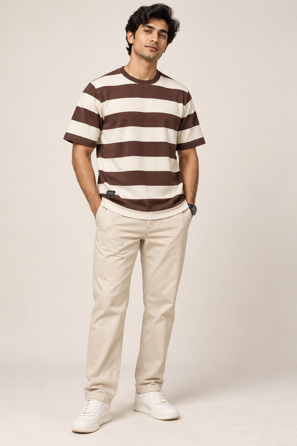 Men's Brown & Cream Horizontal Striped Round Neck T-Shirt