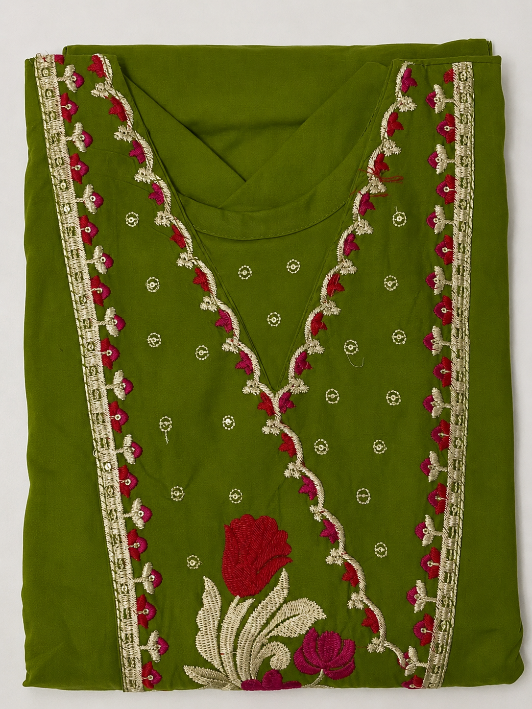 Olive Green Floral Embroidered Kurta Set with Printed Dupatta