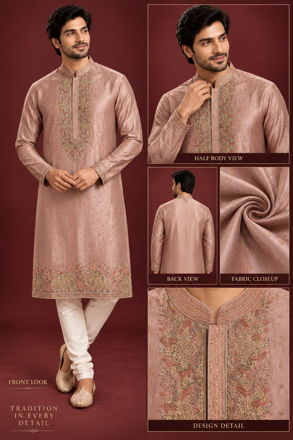 Peach Embroidered Festive Kurta Set for Men