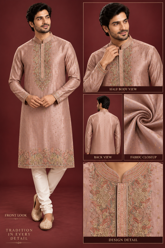 Peach Embroidered Festive Kurta Set for Men