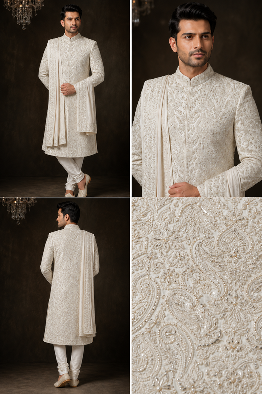 Royal Ivory Embroidered Sherwani with Dupatta