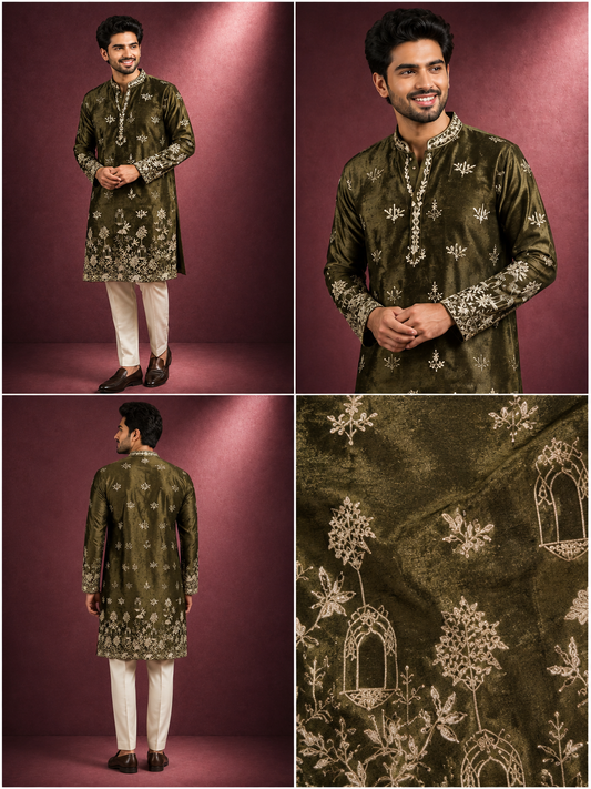 Olive Green Embroidered Kurta for Men