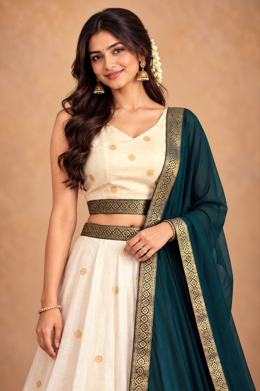 Elegant Ivory & Teal Green Lehenga Choli with Dupatta