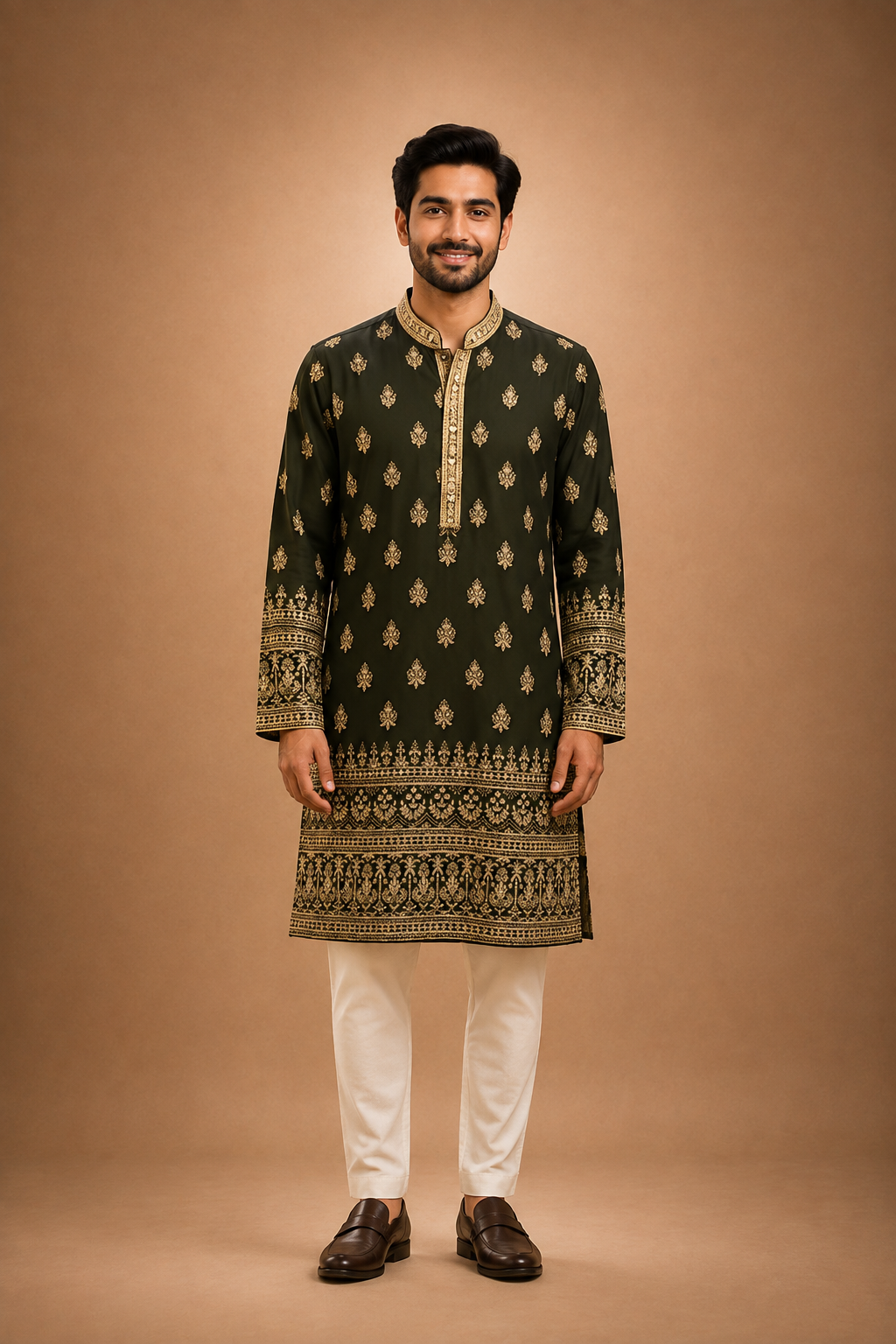 Deep Forest Green Embroidered Silk Kurta