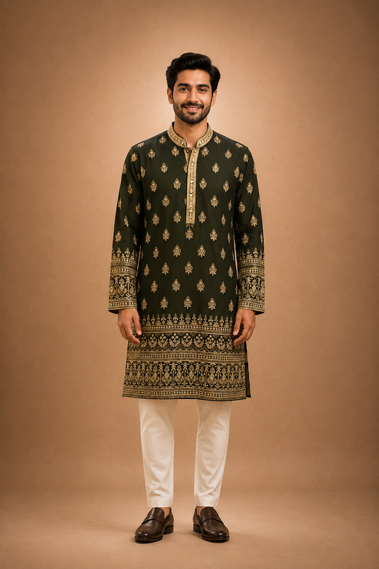 Deep Forest Green Embroidered Silk Kurta