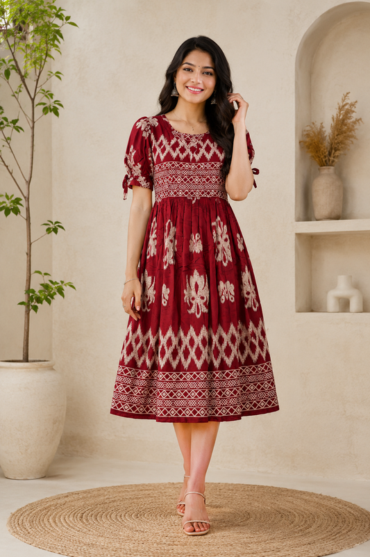 Women’s Maroon Ethnic Printed Flared Midi Dress
