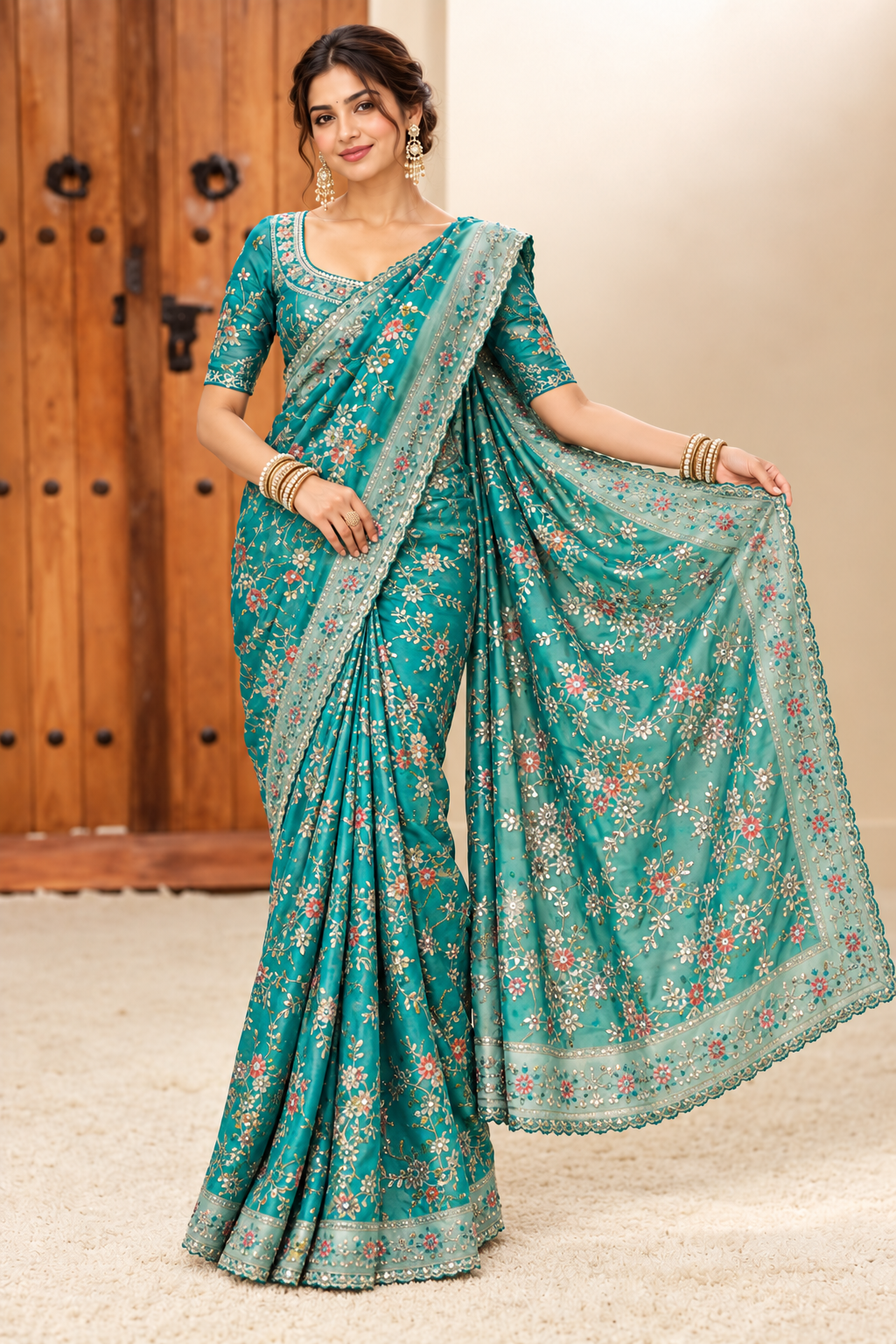 Teal Floral Embroidered Designer Saree