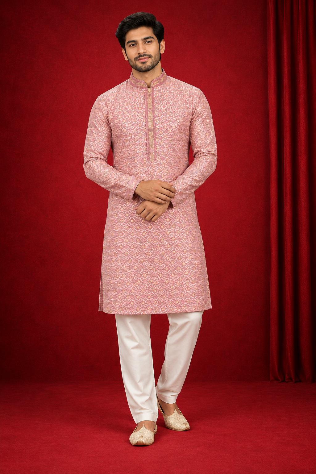Men’s Blush Pink Jacquard Kurta Pajama Set