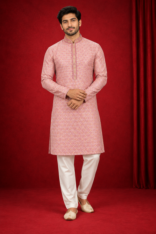 Men’s Blush Pink Jacquard Kurta Pajama Set