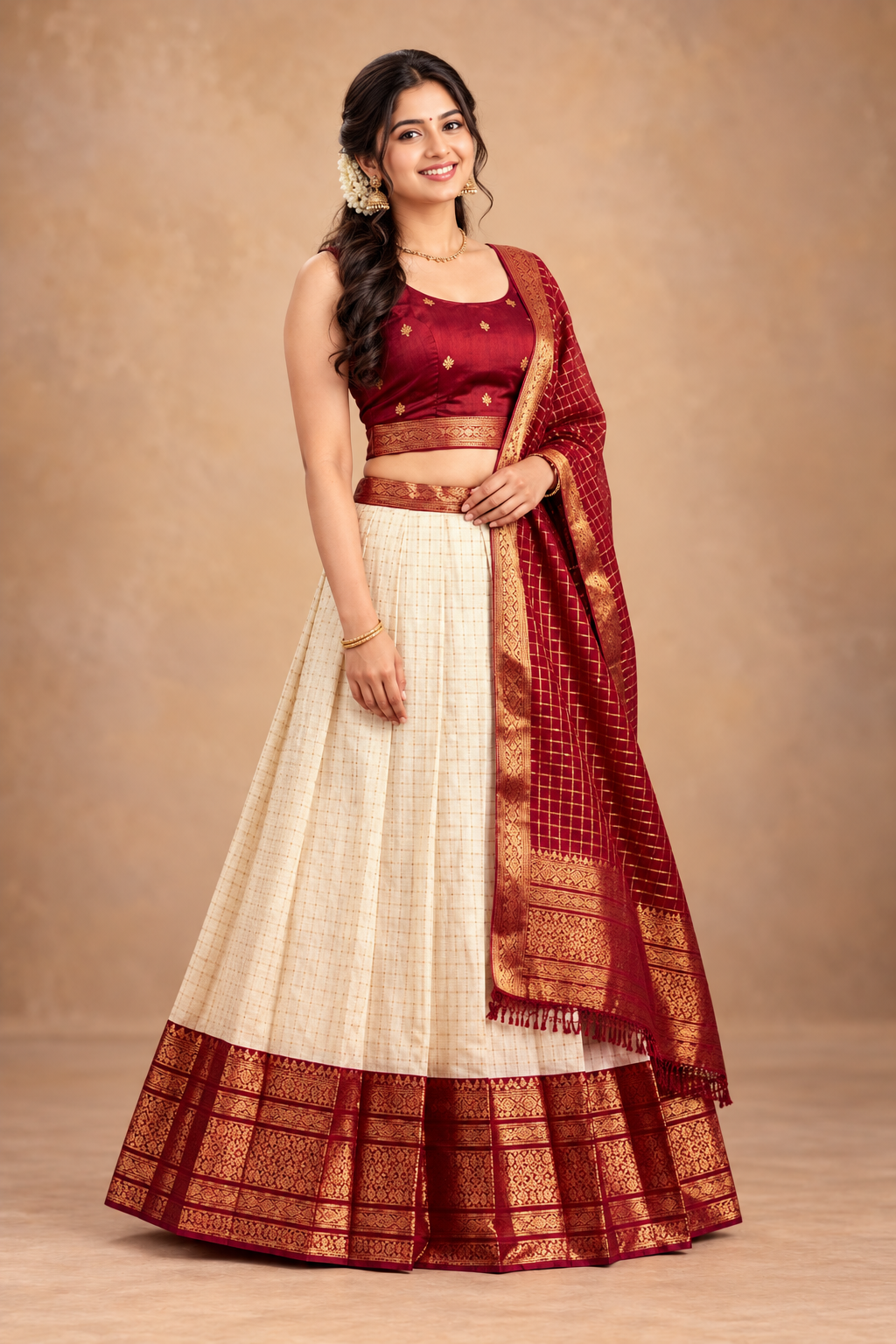 Elegant Maroon & Cream Zari Work Lehenga Choli Set
