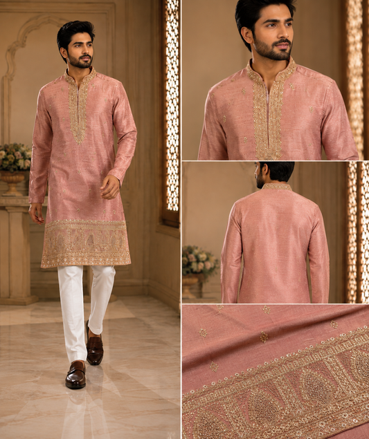 Dusty Pink Embroidered Dupion Silk Kurta Set for Men