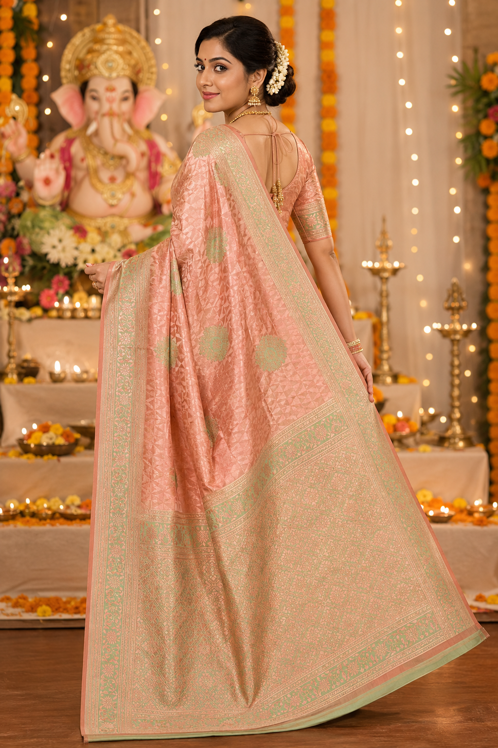 Rust Orange & Mint Green Saree with Rich Zari Pallu
