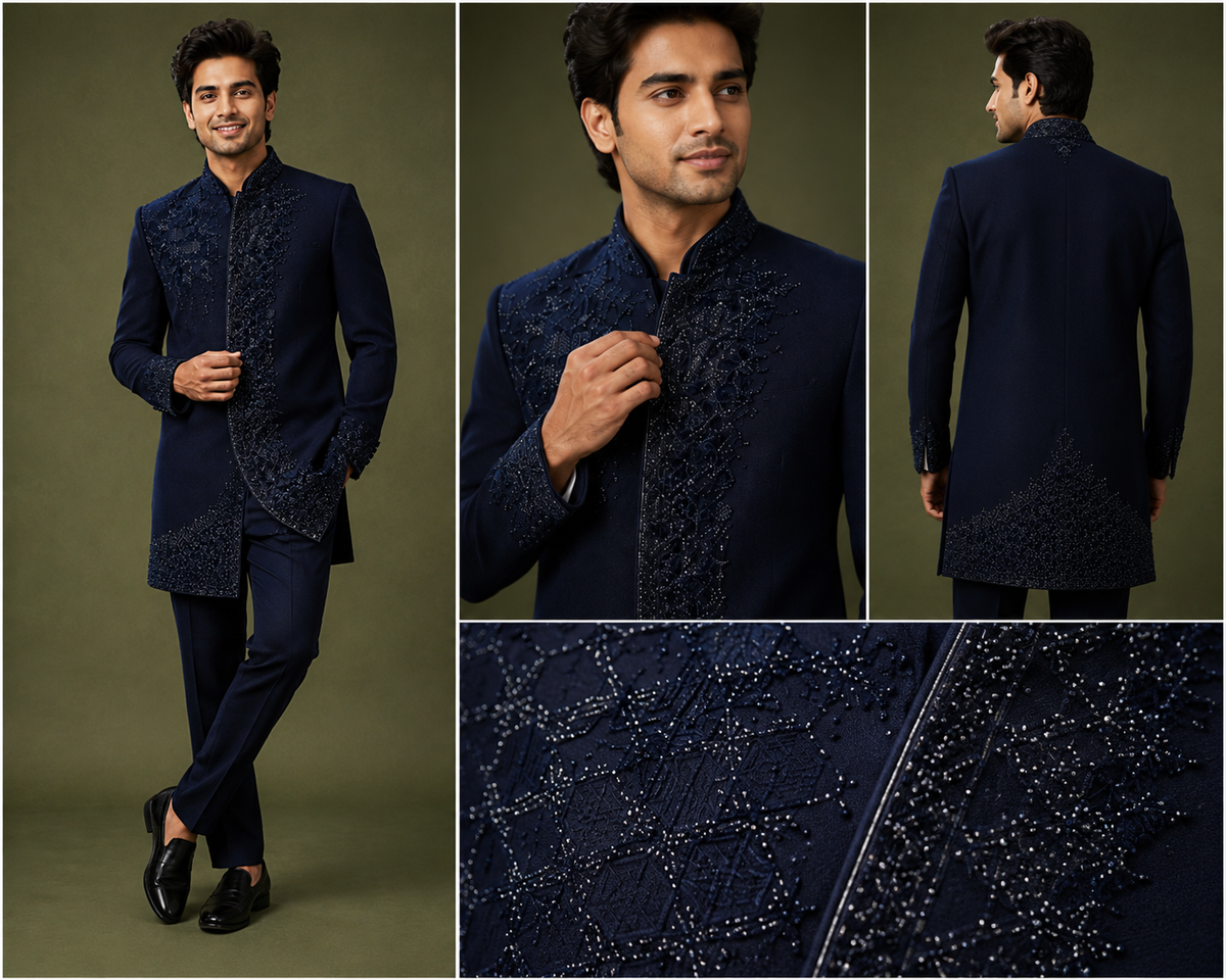 Midnight Navy Embroidered Indo-Western Sherwani