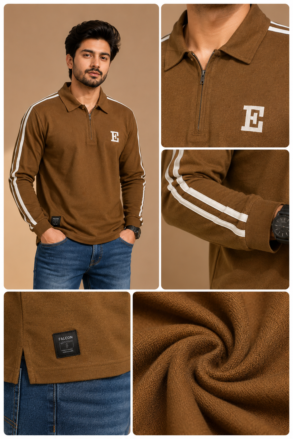Men’s Brown Half-Zip T-Shirt with Contrast Sleeve Stripe