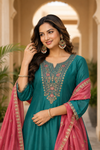 Elegant Teal Embroidered Anarkali Suit Set with Pink Dupatta