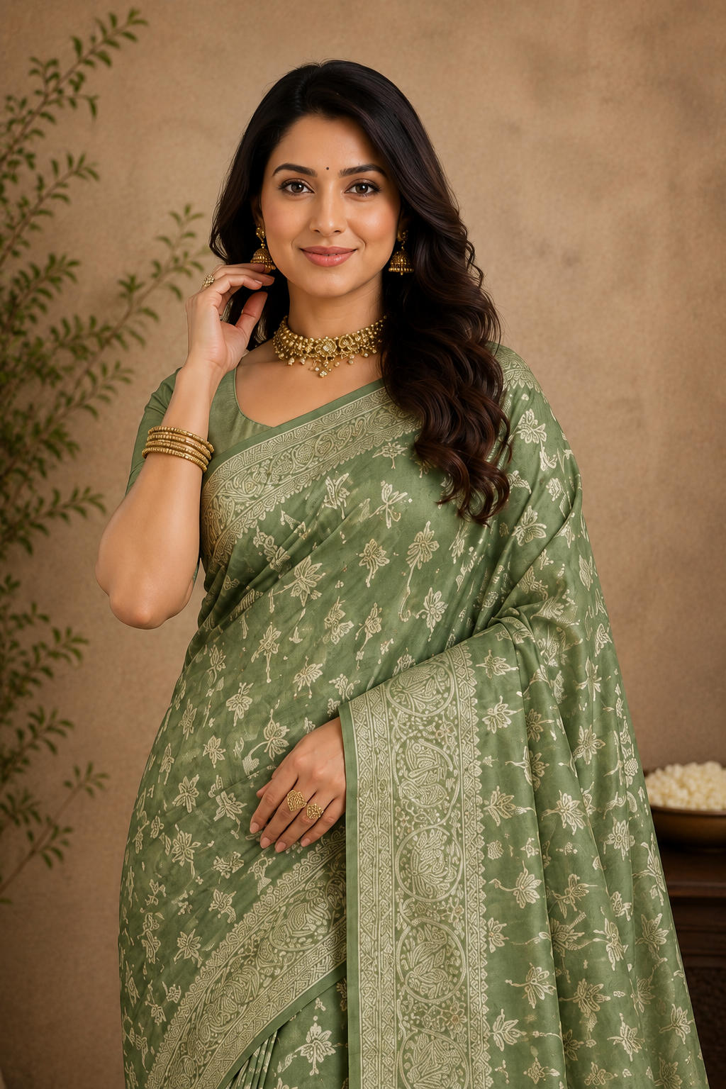 Sage Green Saree with Elegant Gold Zari Woven Border & Pallu