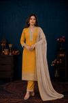 Mustard Yellow Embroidered Kurti Pant Set with Beige Dupatta