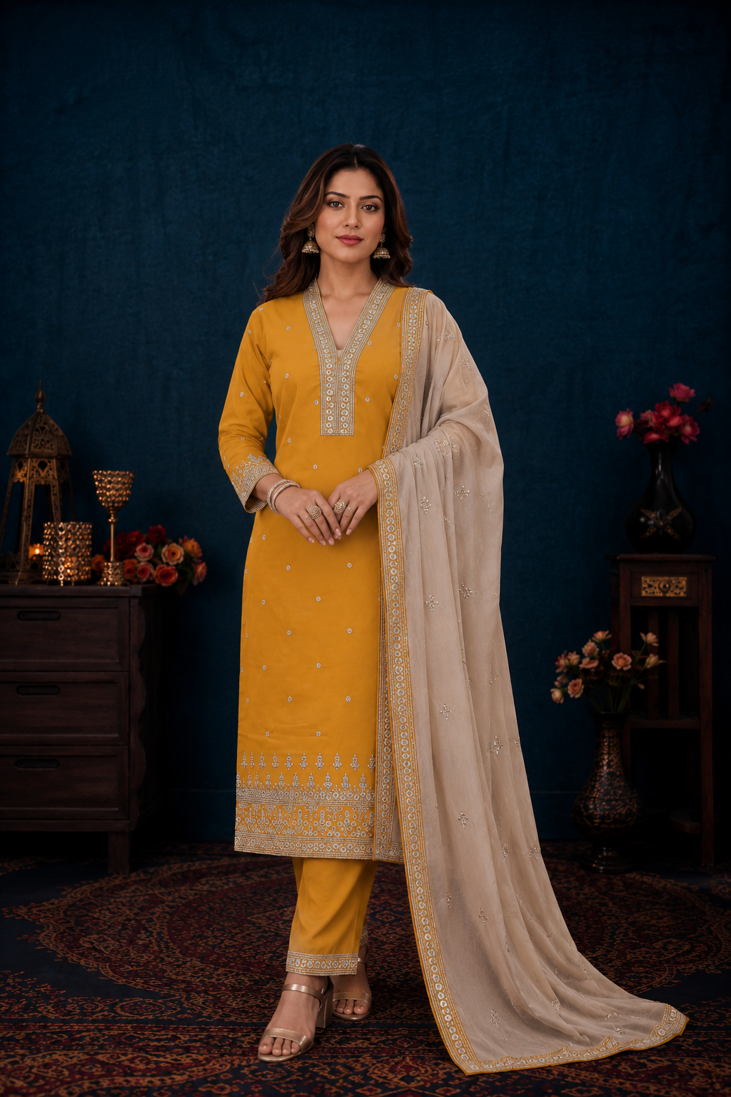 Mustard Yellow Embroidered Kurti Pant Set with Beige Dupatta