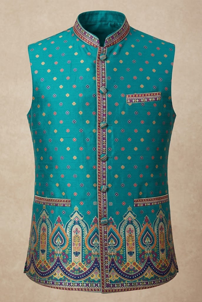 Teal Blue Multicolor Motif  Nehru Jacket