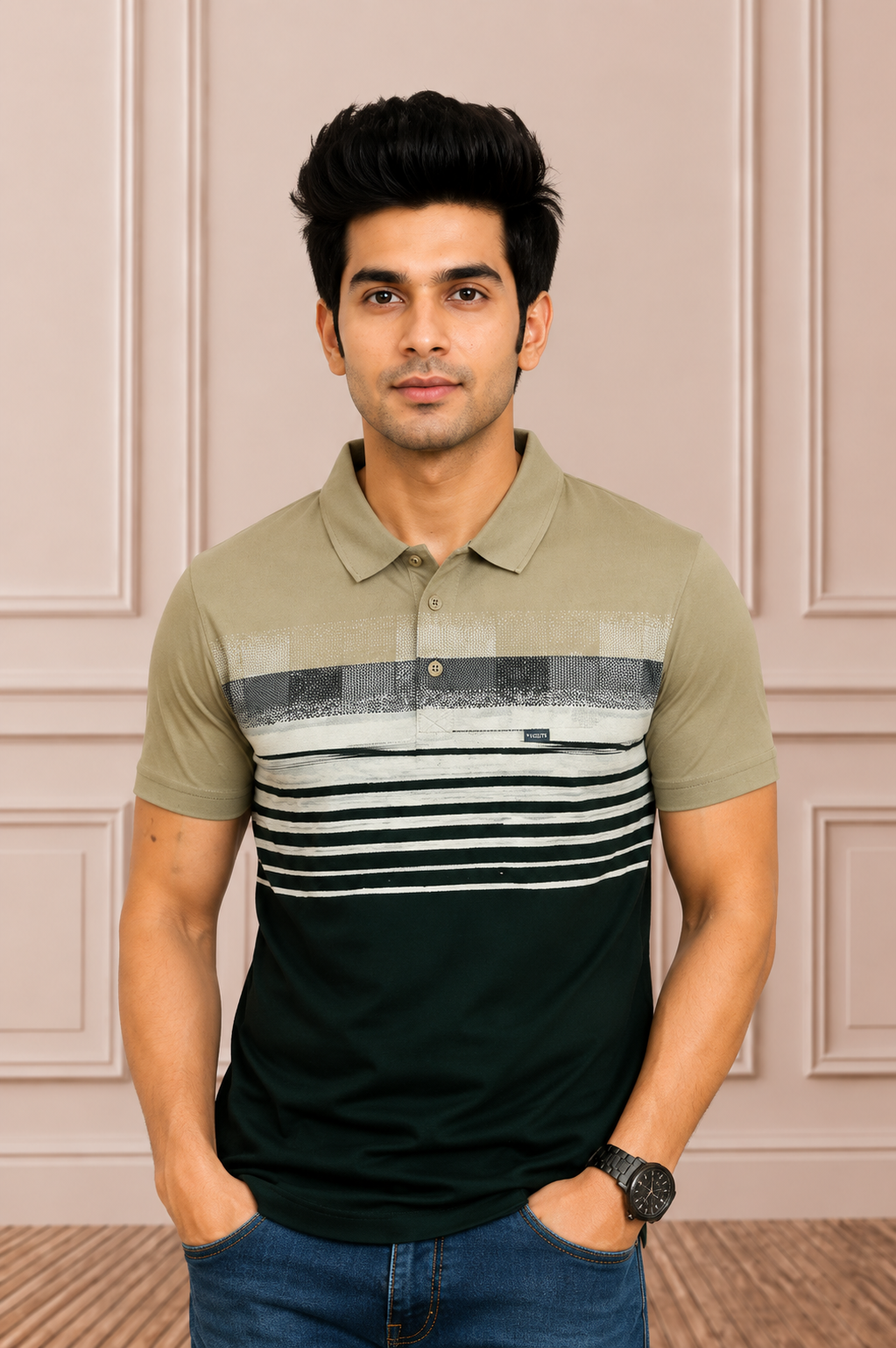 Men's Olive Green & Black Striped Polo T-Shirt