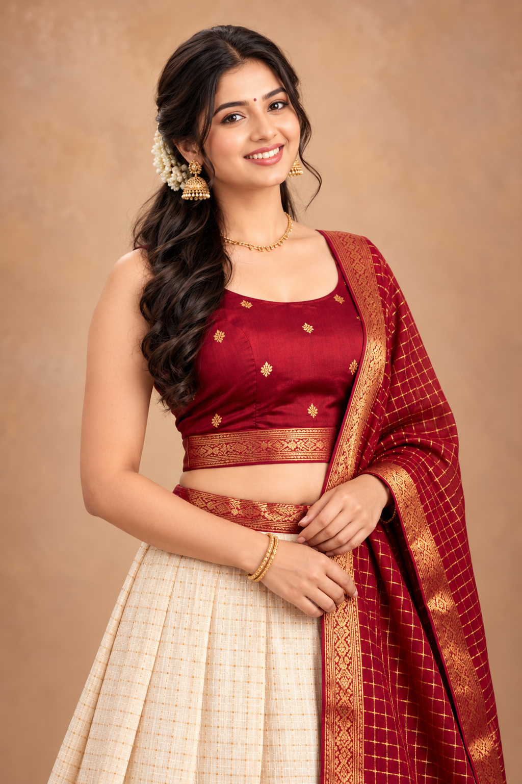 Elegant Maroon & Cream Zari Work Lehenga Choli Set
