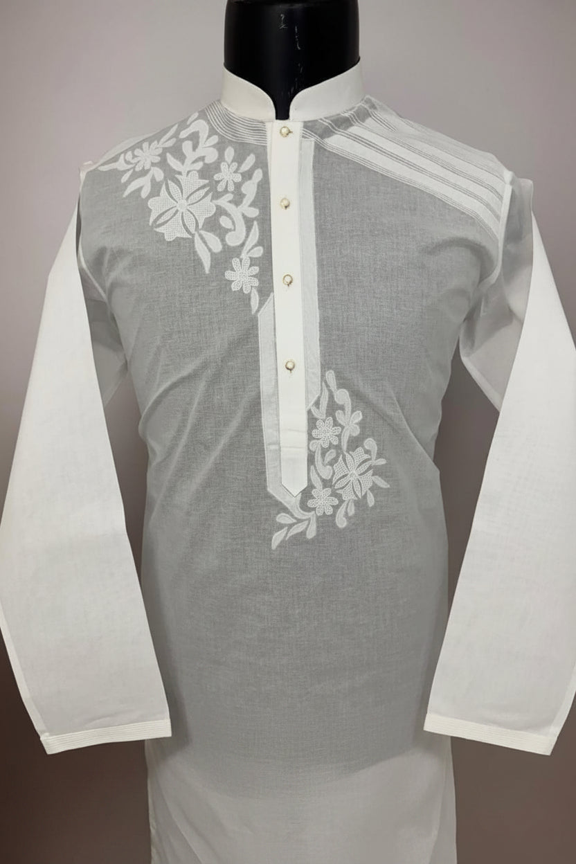 White Floral Embroidered Kurta Pajama for Men